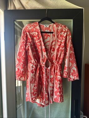 Show Me Your MuMu Coral and White Sheer Tie-Waist Romper